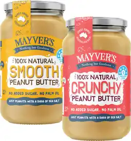 Coles Mayver's Smooth or Crunchy Peanut Butter 375g offer