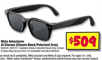 JB Hi-Fi Meta Adventurer AI Glasses (Classic Black/Polarised Grey) offer