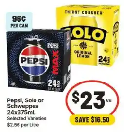 IGA Pepsi, Solo or Schweppes 24x375mL Selected Varieties offer