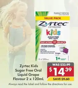 Pharmacy4Less Zyrtec Kids Sugar Free Oral Liquid Grape Flavour offer