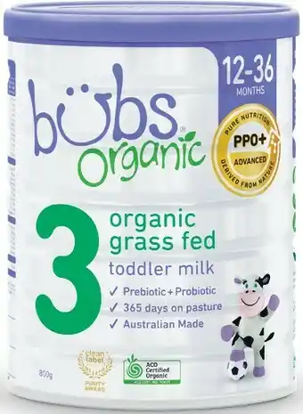 Woolworths Bubs Organic Grass Fed Toddler Stage 3 Baby Formula 800g – Limit 2 per Customer offer