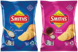 IGA Smith’s Crinkle Cut Chips, Twisties or Doritos Corn Chips 45g Selected Varieties offer