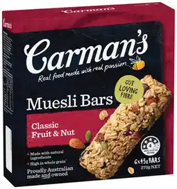 IGA Carman’s Muesli Bars 6 Pack or Nut Bars 5 Pack Selected Varieties offer
