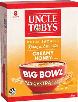 IGA Uncle Tobys Big Bowl Oats Quick Sachets Selected Varieties offer