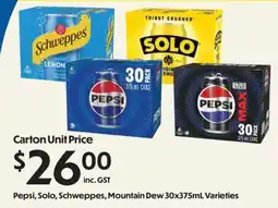 Campbells Wholesale Pepsi, Solo, Schweppes, Mountain Dew 30x375mL Varieties offer