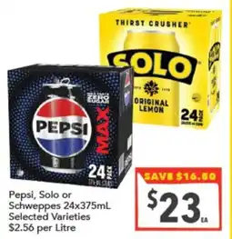 Supa Valu Pepsi, Solo or Schweppes 24x375mL Selected Varieties offer