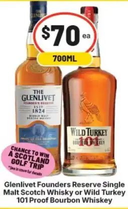 Supa Valu Glenlivet Founders Reserve Single Malt Scotch Whisky or Wild Turkey 101 Proof Bourbon Whiskey offer