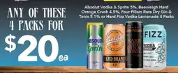 Ritchies Absolut Vodka & Sprite 5%, Beenleigh Hard Orange Crush 4.5%, Four Pillars Rare Dry Gin & Tonic offer