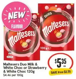 IGA Maltesers Duo Milk & White Choc or Strawberry & White Choc offer