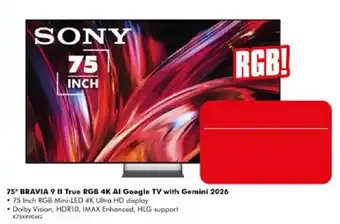 Sony 75" BRAVIA 9 II True RGB 4K AI Google TV with Gemini 2026