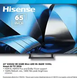 The Good Guys Hisense 65" U6SAU 4K ULED Mini-LED Hi-QLED 144Hz Smart AI TV 2026 offer