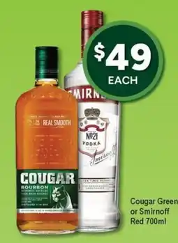 Bottler Cougar Bourbon or Smirnoff Vodka offer