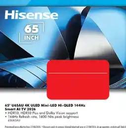 The Good Guys Hisense 65" U6SAU 4K ULED Mini-LED Hi-QLED 144Hz Smart AI TV 2026 offer