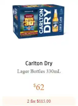 BWS Carlton Dry Lager Bottles 330mL offer
