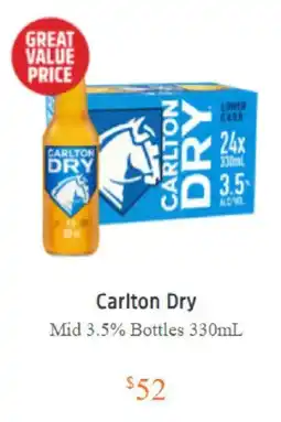 BWS Carlton Dry Mid 3.5% Bottles 330mL offer