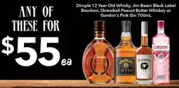 Ritchies Dimple 12 Year Old Whisky, Jim Beam Black Label Bourbon, Skrewball Peanut Butter Whiskey or Gordon's Pink Gin offer