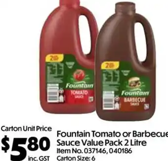 Fountain Tomato or Barbecue Sauce Value Pack 2 Litre