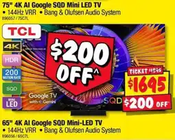 JB Hi-Fi TCL 75" 4K AI Google SQD Mini LED TV offer