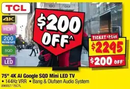 JB Hi-Fi TCL 75" 4K AI Google SQD Mini LED TV offer