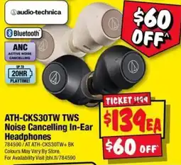 JB Hi-Fi audio-technica ATH-CKS30TW TWS Noise Cancelling In-Ear Headphones offer