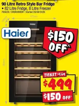 JB Hi-Fi Haier 90 Litre Retro Style Bar Fridge offer