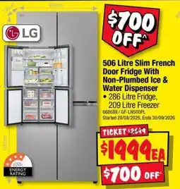 JB Hi-Fi LG 506 Litre Slim French Door Fridge With Non-Plumbed Ice & Water Dispenser offer