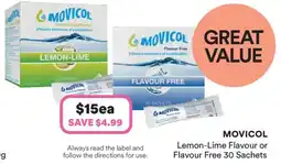 Priceline Movicol Lemon-Lime Flavour or Flavour Free 30 Sachets offer