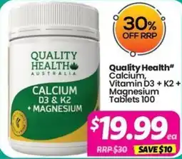 Your Discount Chemist Quality Health Calcium, Vitamin D3 + K2 + Magnesium Tablets offer
