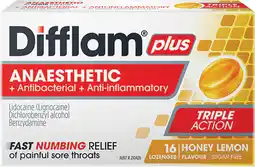 Priceline Difflam Plus Anaesthetic Sore Throat Lozenges Honey & Lemon Flavour 16 Lozenges offer