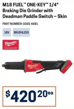 Blackwoods Milwaukee M18 FUEL ONE-KEY 1/4" Braking Die Grinder with Deadman Paddle Switch - Skin offer