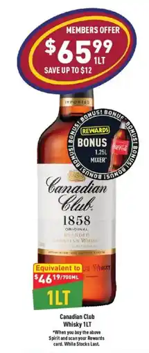 Liquor Legends Canadian Club Whisky 1LT offer