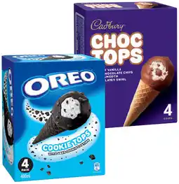 IGA Cadbury Choc Tops or Oreo Cookie Tops Ice Cream Cones 4 Pack offer
