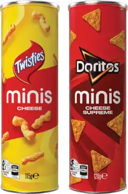 IGA Twisties Cheese 115g or Doritos Cheese Supreme 120g Minis Canister offer