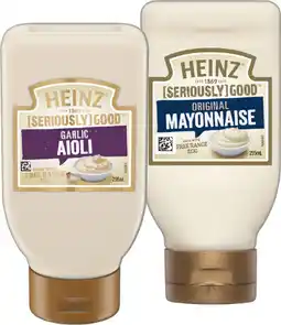 IGA Heinz Seriously Good Aioli or Mayonnaise 295mL Selected Varieties offer