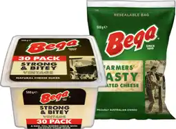IGA Bega Cheese Slices 30 Pack, Farmers Grated Cheese or Cheese Block 500g Selected Varieties offer