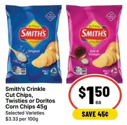 Ritchies Smith's Crinkle Cut Chips, Twisties or Doritos Corn Chips offer