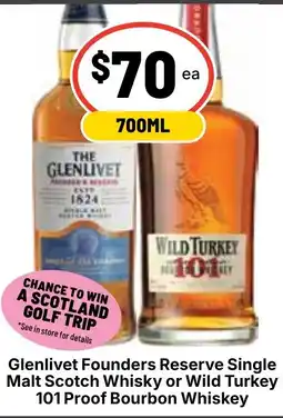 Ritchies Glenlivet Founders Reserve Single Malt Scotch Whisky or Wild Turkey 101 Proof Bourbon Whiskey offer