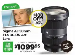 Teds Cameras Sigma AF 50mm F1.4 DG DN Art Lens offer