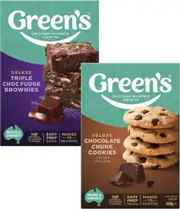 Coles Green's Deluxe Choc Chunk Cookie Mix 400g or Triple Choc Brownie Mix 500g offer