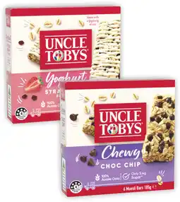 Coles Uncle Tobys Yoghurt Strawberry or Chewy Choc Chip Muesli Bars 185g offer