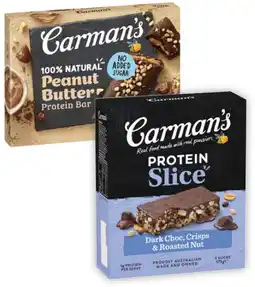 Coles Carman's Protein Slice Dark Choc & Roasted Nut 175g or Protein Peanut Butter Bars 180g offer