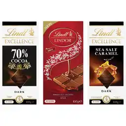 Woolworths Lindt Excellence or Lindor Blocks 100g – Excludes 90%, 95% and No Sugar Varieties offer