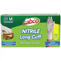Woolworths Sabco Nitrile Long Cuff Medium or Large Disposable Gloves Pk 100 offer