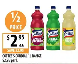 Supabarn Cottee's Cordial 1L Range offer