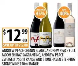 Supabarn Andrew Peace Chenin Blanc, Andrew Peace Full Moon Shiraz Sagrantino, Andrew Peace Zweigelt 750ml Range and Stonehaven Steppin offer