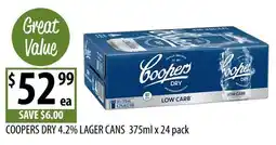 Supabarn Coopers Dry 4.2% Lager Cans offer
