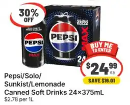 IGA Pepsi/Solo/Sunkist/Lemonade Canned Soft Drinks offer