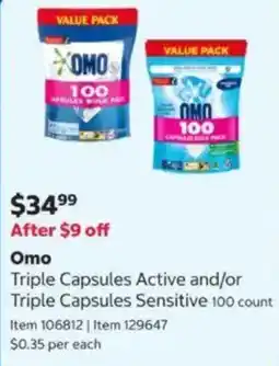 Costco Omo Triple Capsules Active and/or Triple Capsules Sensitive offer
