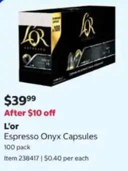 Costco L'or Espresso Onyx Capsules offer