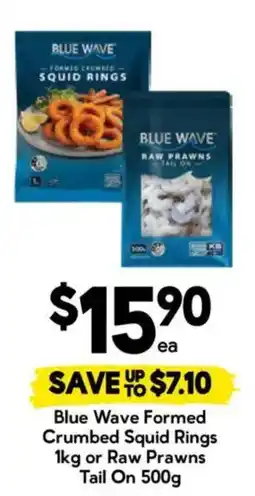 Drakes Blue Wave Formed Crumbed Squid Rings or Raw Prawns Tail On offer